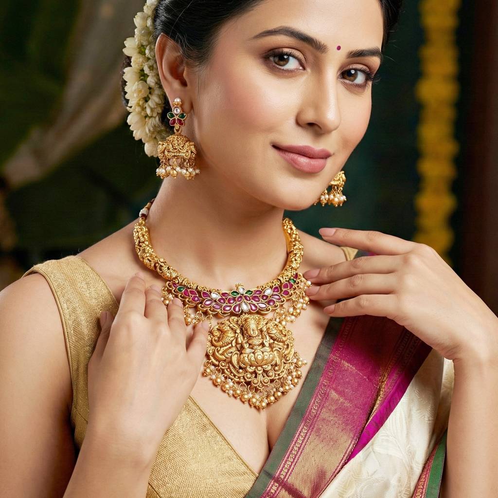 Gold Plated Temple Set With Goddess Lakshmi Pendant, Red & Green Stone, Antique Traditional South Indian Bri : 1634-ISR-2180-R