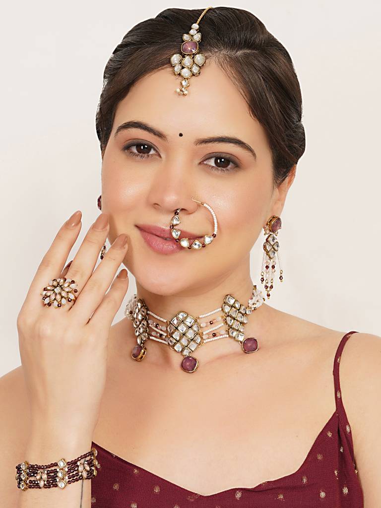 Purple Kundan Paradise Choker Set With Matching Earrings, Ring, Nath, Maangtikka & Bra : ACN514ACE514ACR514ACNT514ACB514ACM007