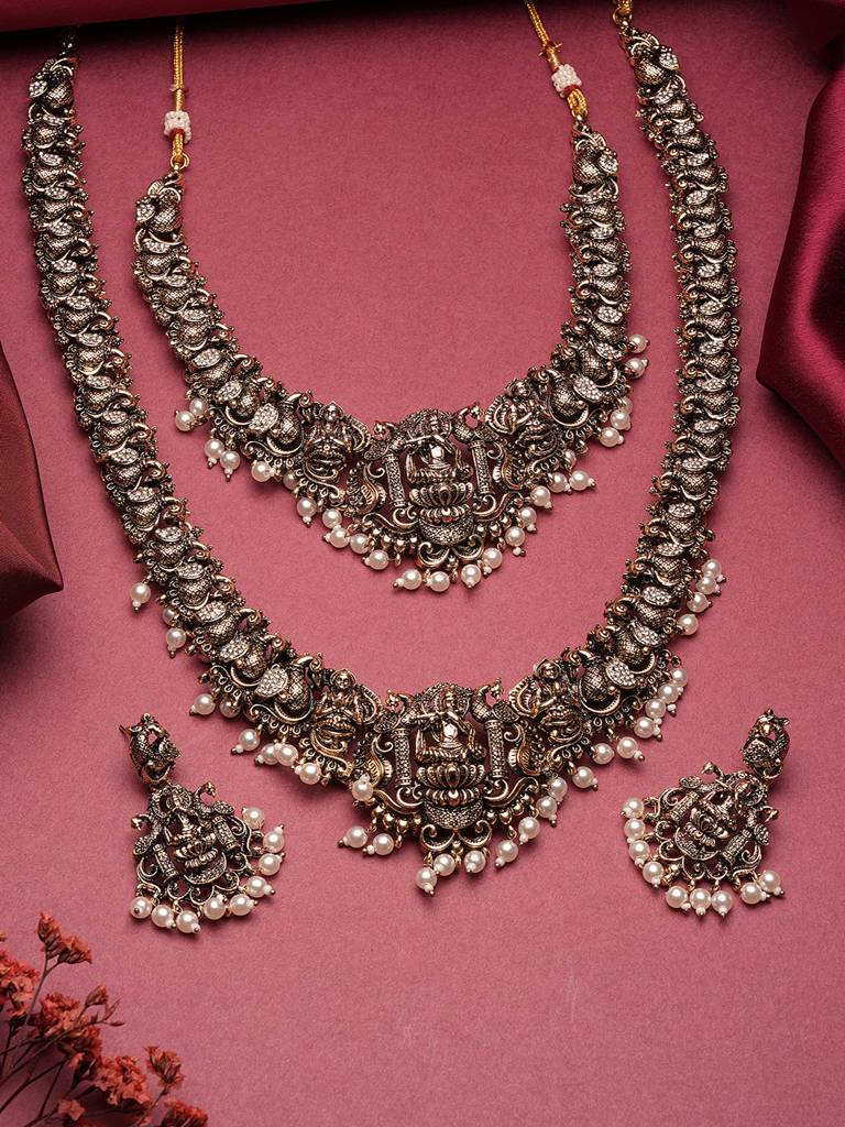 Combo Black Gold Victorian Zircon Temple Lord Krishna With Peacock Motif Bridal Jewellery Set : SJNK2995