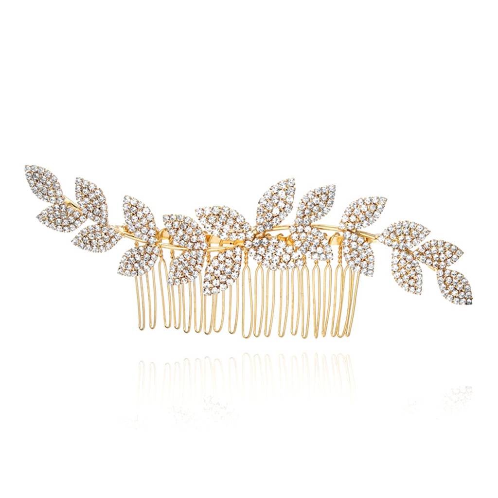 Gold Plate Leaf Petal Cubic Zirconia Studded Hair Comb Slides Stylish Hair Accessories Jewellery For Women & Girl : PX9HJ09