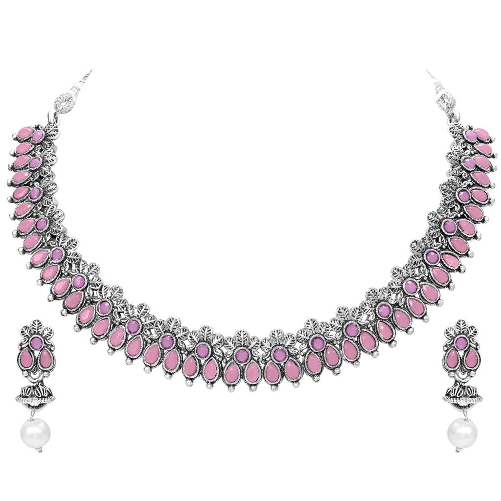 Women'S Silver Plated Ethnic Pink Necklace Earrings Set Crystal Studded Festive Jewellery Anniversary Birthday Gif : PF04N15PK
