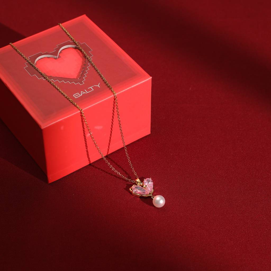 Heart Of Pearl Necklace-Pink With Valentine Box : NS14345-G-PNK