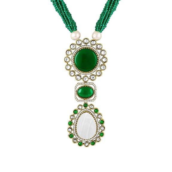 Green Pendant Style Necklace Earrings Set For Women & Girls Gold Plated Faux Emerald Mother Of Pearl & Beads Festi : PF77LS02G