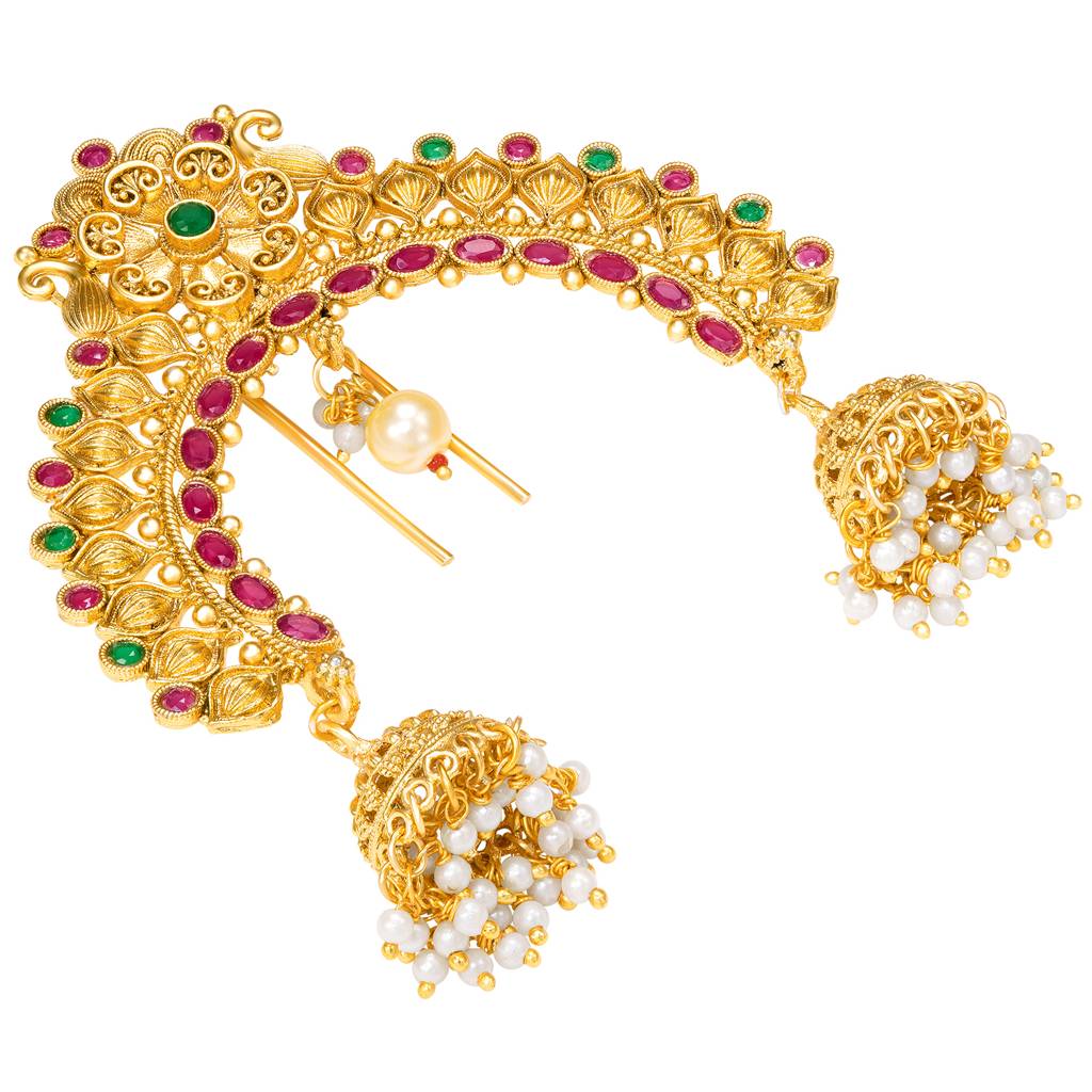 Ethnic Hair Juda Pin Brooch For Women & Girls Gold Plated Faux Ruby Emerald & Beads Studded Bridal Festive Jewel : PF04HJ12RPG