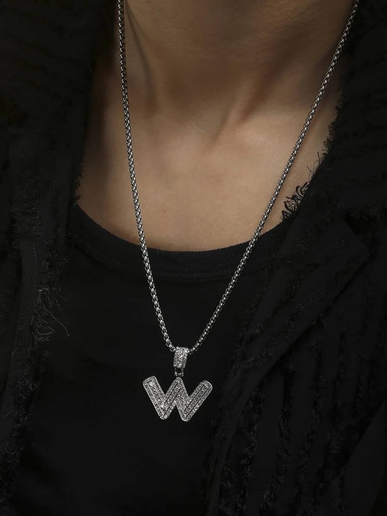 Men'S Embellished Alphabet Pendant Necklace - Silver : FANC1071-W