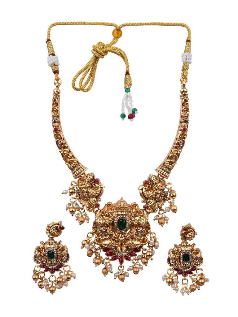 Classic South Indian Temple Golden Necklace Set : SATJS368GOLDEN