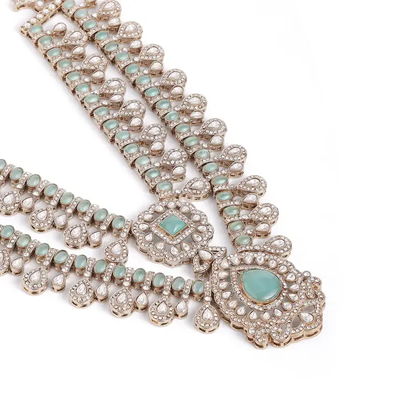 Aanantya Mint Green Layered Necklace Set With Maang Tikka : OSJJ-025-IG-NKERTK