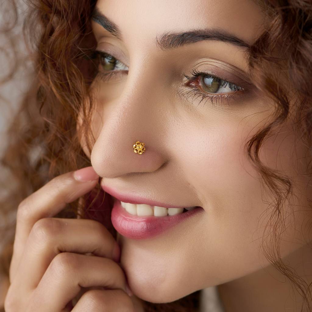 Yuvora 18K Yellow Gold Petal Loop Nose Pin For Women | Screw Back Closure | Bis Hallmarked | Pure Gold N : PCNP1086-DC-18YG-IS