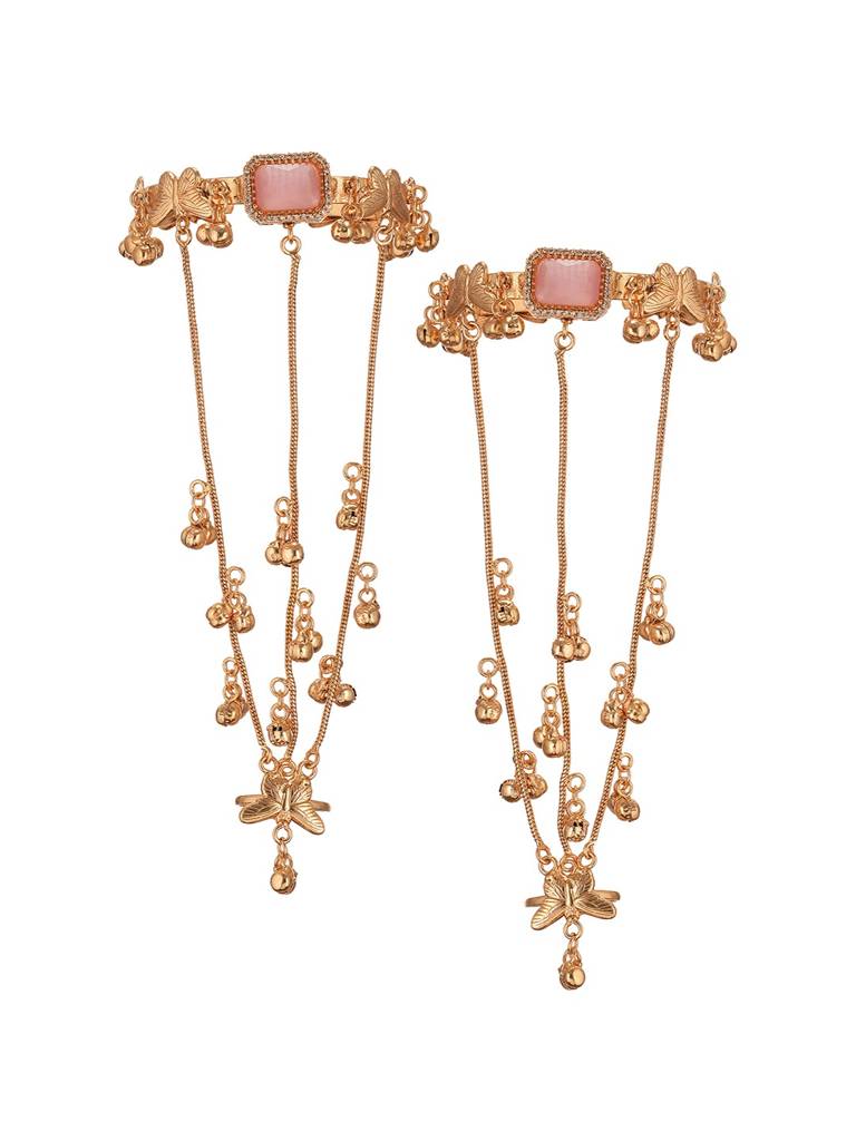 Set Of 2 22K Gold Plated Pink Ad Kashmiri Ghungroo Hand Harness Adjustable Cuff Bracelet Hathphool : SJHP3002