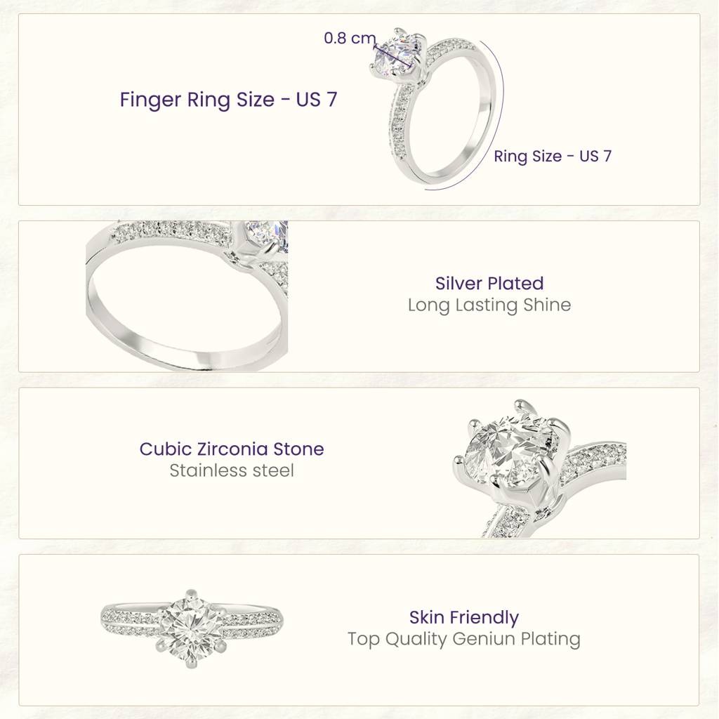 White Stylish Solitaire Finger Ring For Women & Girls | Silver Plated | Size - Us 7 | Cubic Zirconia & Crystal Stu : PX9R3010W
