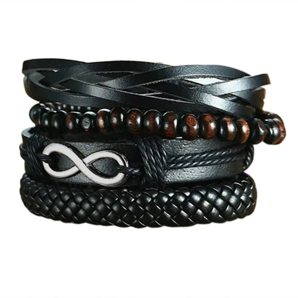Black Synthetic Leather Pack Of 4 Bracelet Stylish Design Fashion Casual Jewellery Gift For Men & Boys : PX9LB39