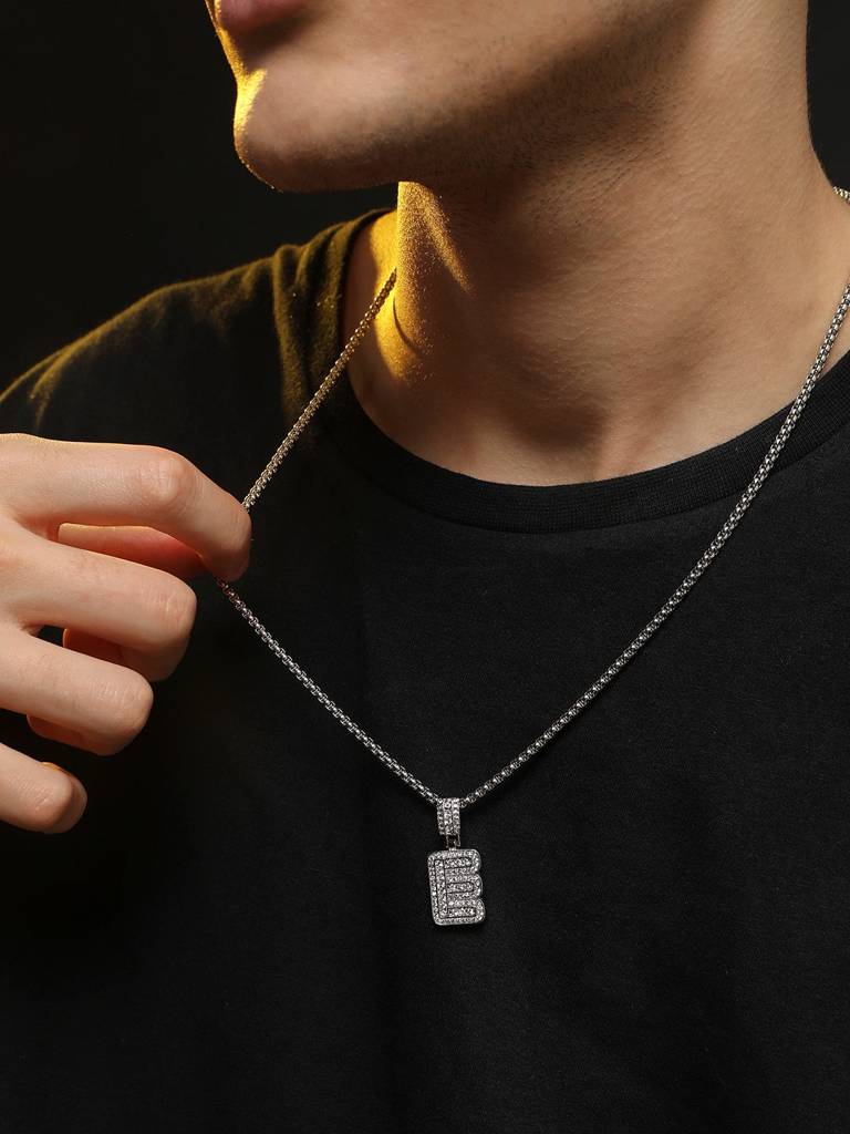 Men'S Embellished Alphabet Pendant Necklace - Silver : FANC1071-E