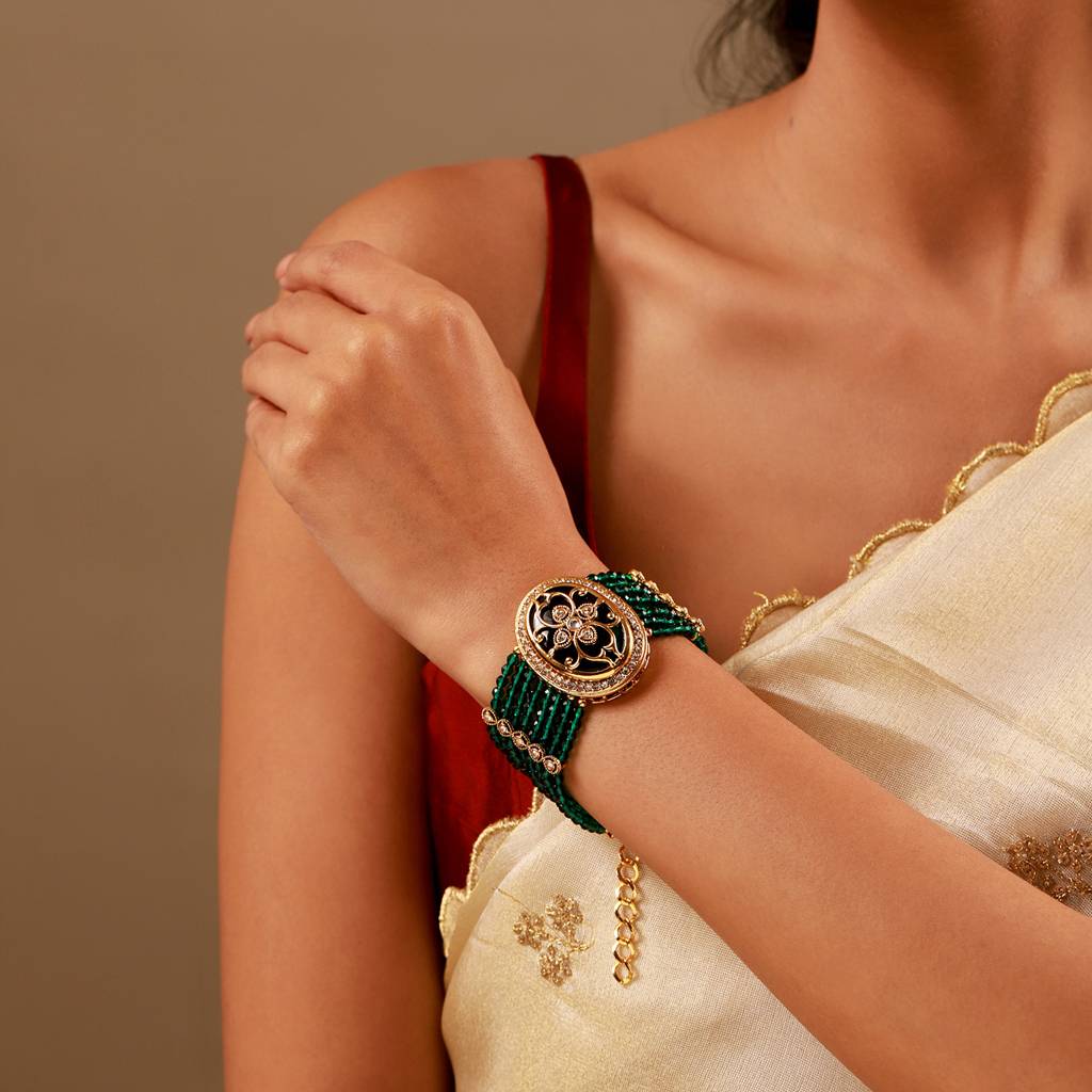 Kundan Opulance Green Cz-Pearl Beaded Yellow Gold-Plated Bracelet : 8905124585421