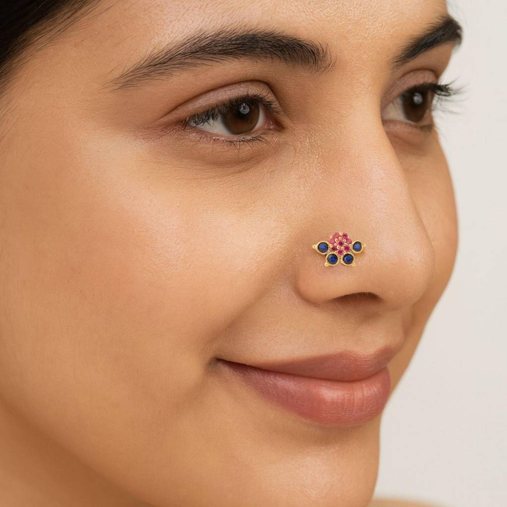 Red & Blue Cz Floral Nose Pin - Sterling Silver Gold Plated : NP-00097_925S_W_RED