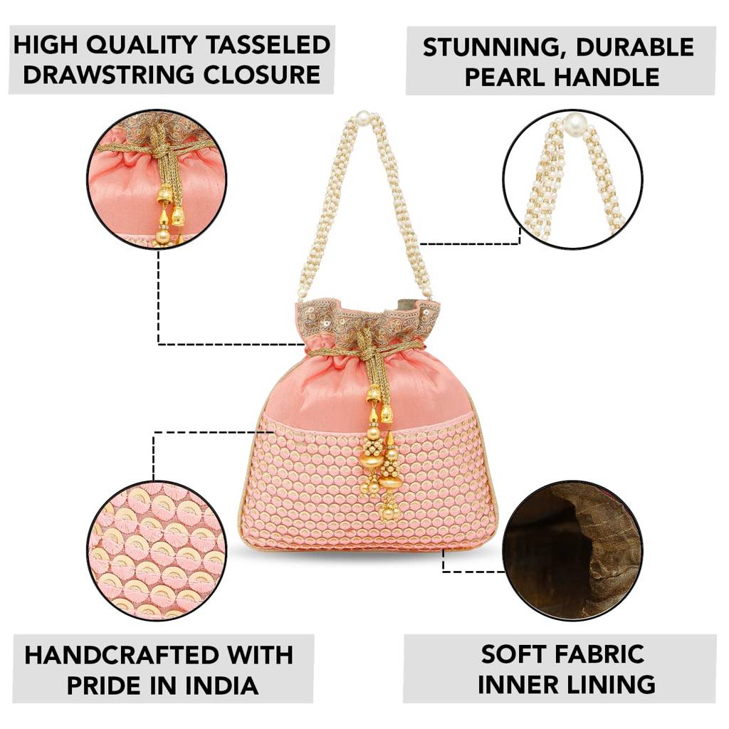 Ethnic Potli Bag For Women Handmade Purse Evening Handbags Stylish Bridal Fashion Clutch Bag Gift For Girls (P05B) : P05PK