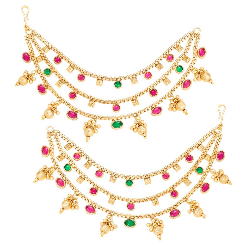 Gold Plated Rani Pink Green 3 Layer Earring Chain Jewellery For Women : PF109EC02RPG