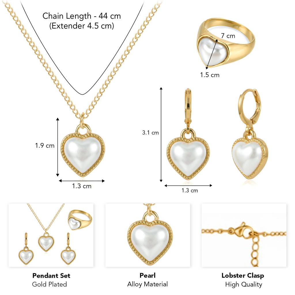 Pearl Studded Heart Shape Pendant Chain Earrings Ring Set Fashion Jewellery For Women & Girls : PX9PS60GW