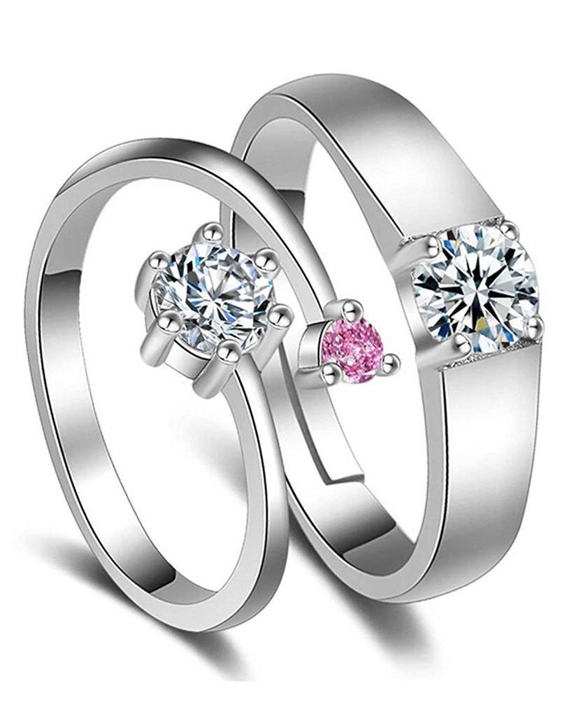Silver Plated Trendy Elegant Solitaire Couple Rings For Lovers Anniversary Engagement Promise Jewellery For Men And  : PFCCR40