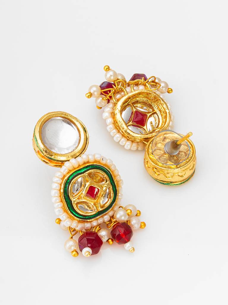 Deep Red Multi-Strand Crystal Bead Kundan Choker Necklace Set With Meenakari Stud Earrings : NK4350