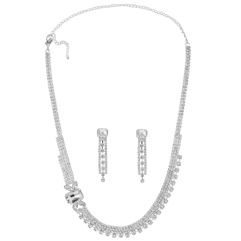 Stylish Silver Plated Sparkling Necklace Earrings Set For Women : PX9N237S