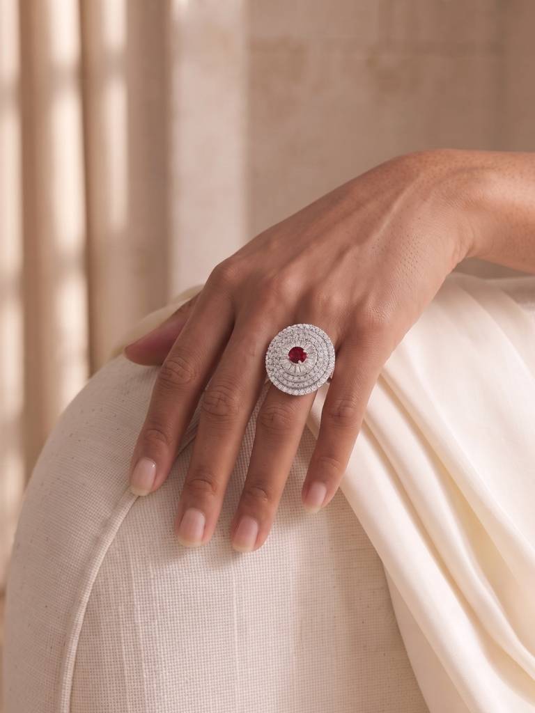 925 Silver Ruby Halo Glamour Ring For Women : R-45-7