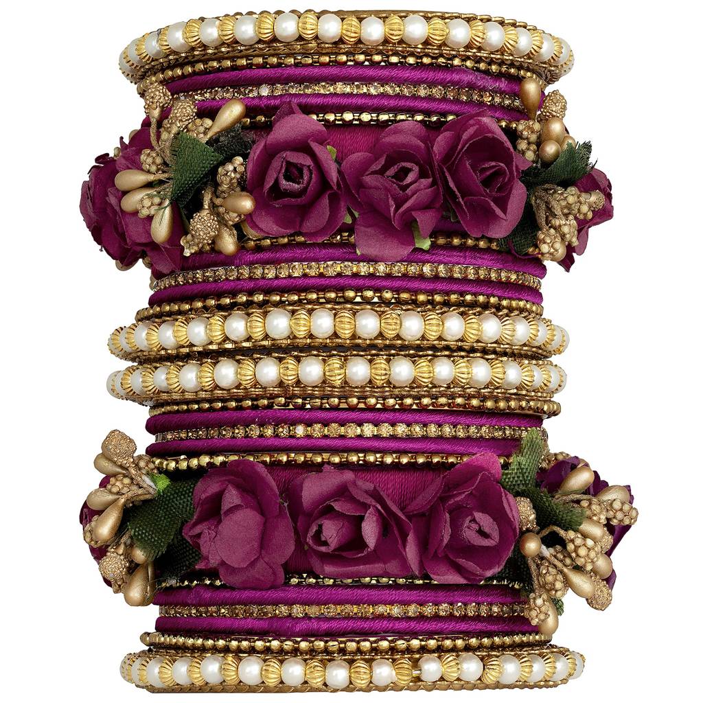 Golden Rose Flowers Decorative Bangle Set Bridal Chuda Indian Ethnic Jewellery For Women : PF51B22RP