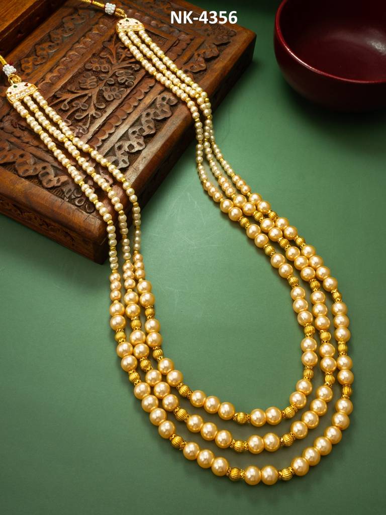 Four-Strand Graduated Golden Pearl And Gold Bead Long Necklace : NK4356