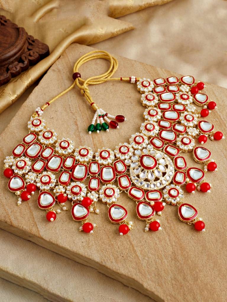 Bridal Kundan Jewellery Set With Hathphool & Nath : 2541-IZK-554-RED