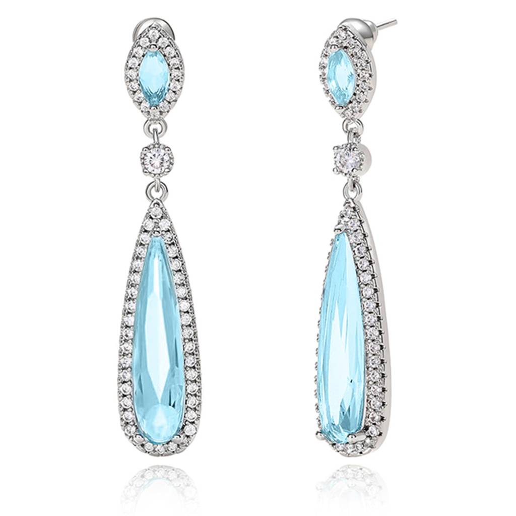 Silver Plated Cubic Zirconia & Sky Blue Crystal Studded Long Teardrops Earrings Fashion Jewellery For Women & Girls : PX9E3028SB