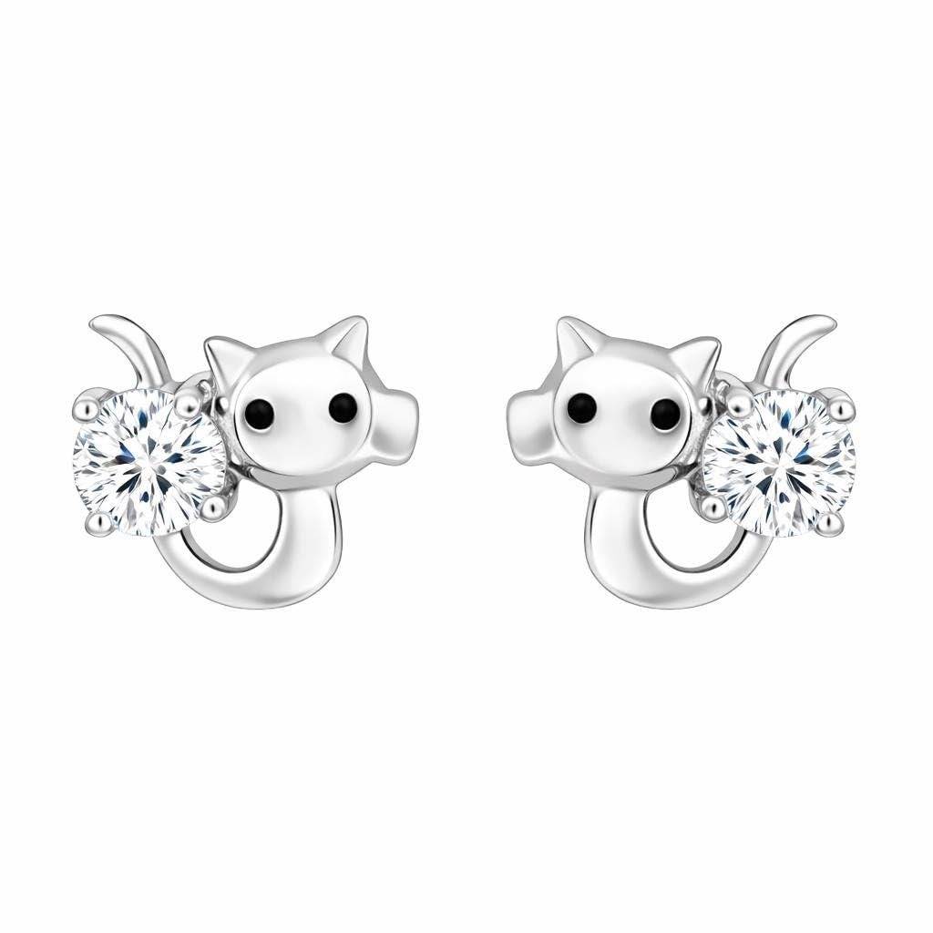 925 Silver Cat Stud Earrings Round Cz Pet : SE_000987