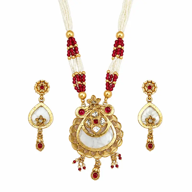 Matte Gold Temple Necklace Set | Ruby & White Beads | Crescent Pendant Design : OSLFJ-012-IGRBWE-NKER