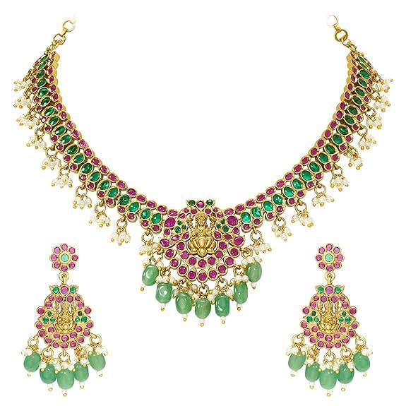 Rani Pink Green Ethnic Necklace Earrings For Women & Girls Gold Plated Faux Ruby Emerald & Beads Studded Festive  : PF76NT01RG