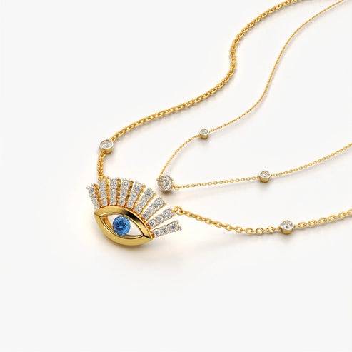 18K Gold Vermeil Layered Sunburst Eye Pendant Necklace With Cz Diamond : KNL0006-Gold
