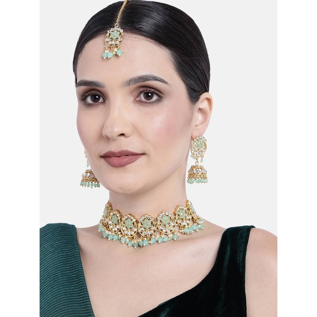 Peora Traditional Gold Plated Mint Kundan Choker Necklace Jhumki Earring & Maang Tikka Ethnic Jewellery Set Gift  : PF24N73MNT