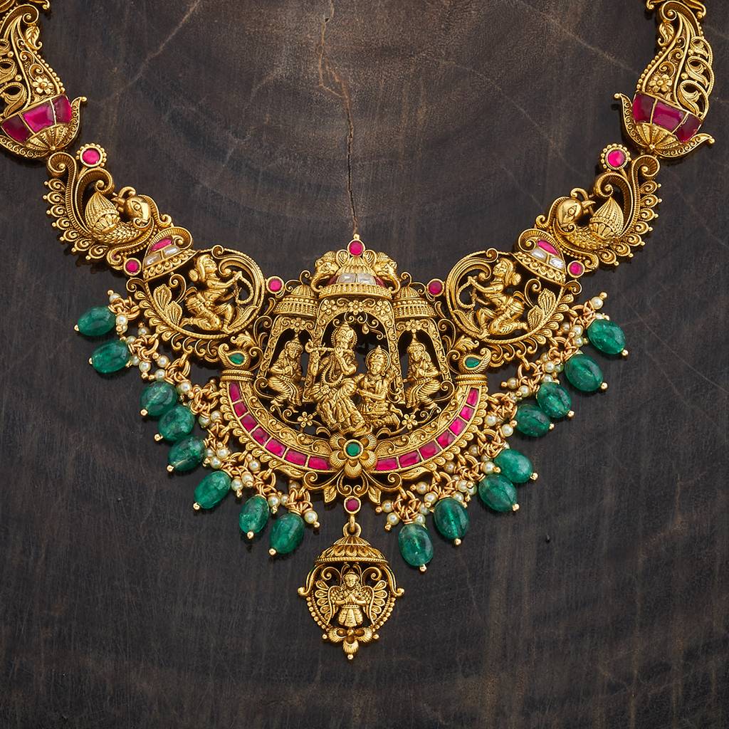 Ruby-Green Oxidised Gold - Plated Bridesmaid Temple Necklace - 429909 : 429909