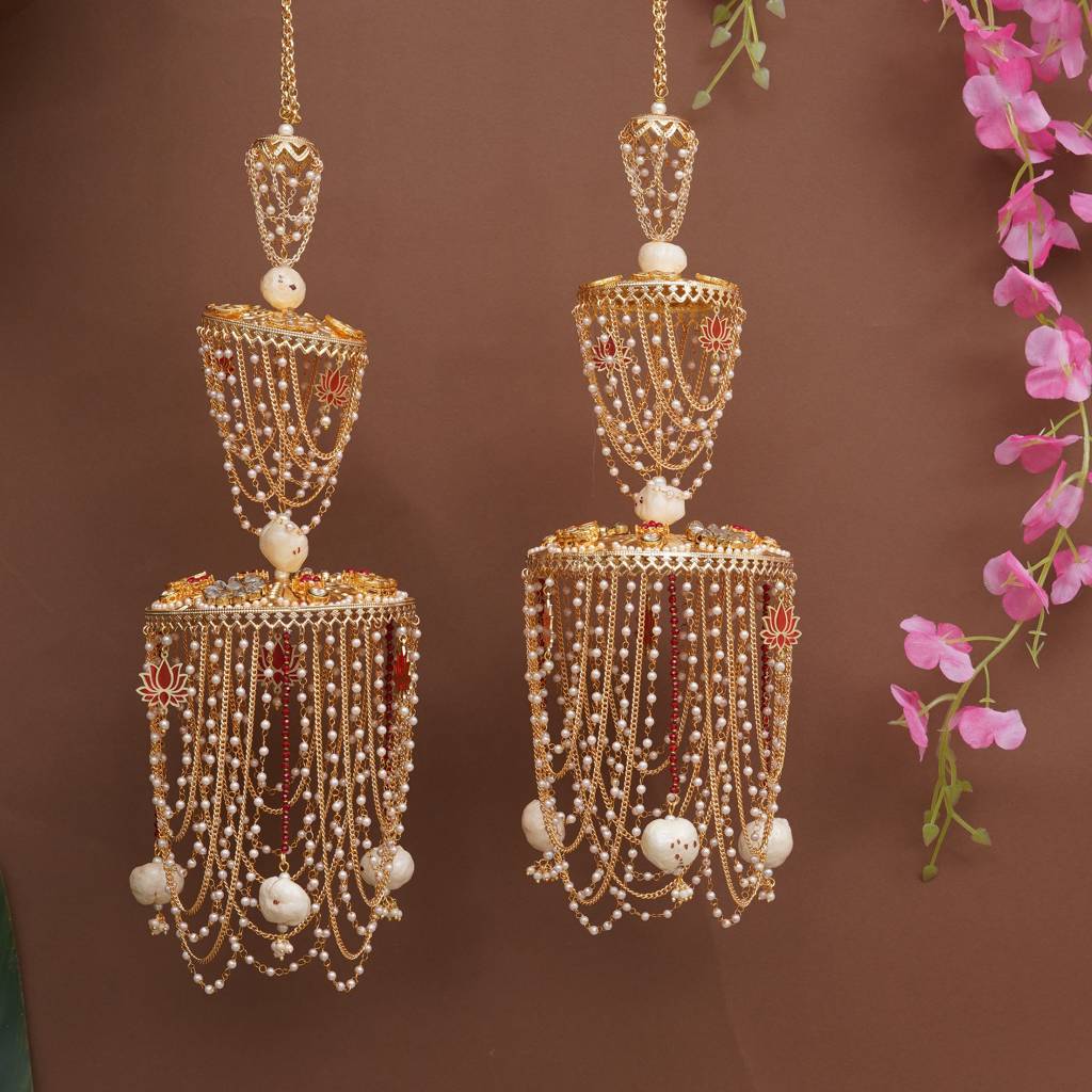 Royal Pearl Dome Bridal Kaleere With Multi-Layer Chain Drapes - Set Of 2 Pieces : ACKL078