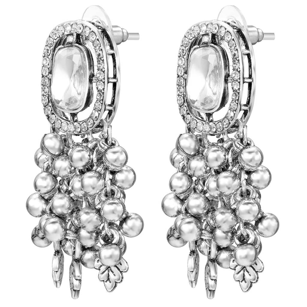 Oxidised Silver Plated Crystals Studded Dangler Earrings For Women : PF09E102OX