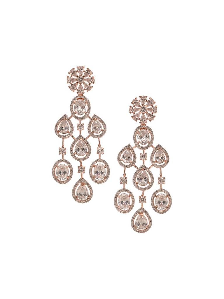 Rose Gold Toned White Zircon Ad Studded Statement Chandelier Drop Earrings : SJER2980