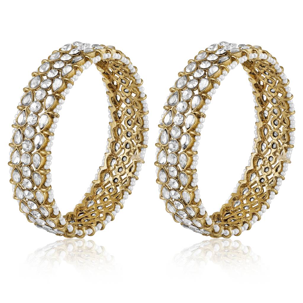 Gold Plated White Crystals Studded Ethnic Bangles Jewellery For Women (Size - 2.6 Inch) : PF106B03W-S2-6