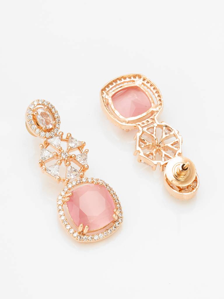 Reception Wear Rose Gold Pink And Green Pendant Necklace Set With Cushion Stone Drop And Geometric Earrings : NK4214