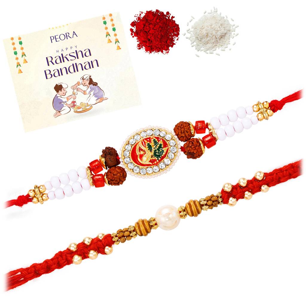 Rakhshabandhan Thread Rakhi For Brother Bhaiya Beads & Crystals Studded Red White Combo Set Of 2 Rakhi Hamper Roli : R07C38-S2