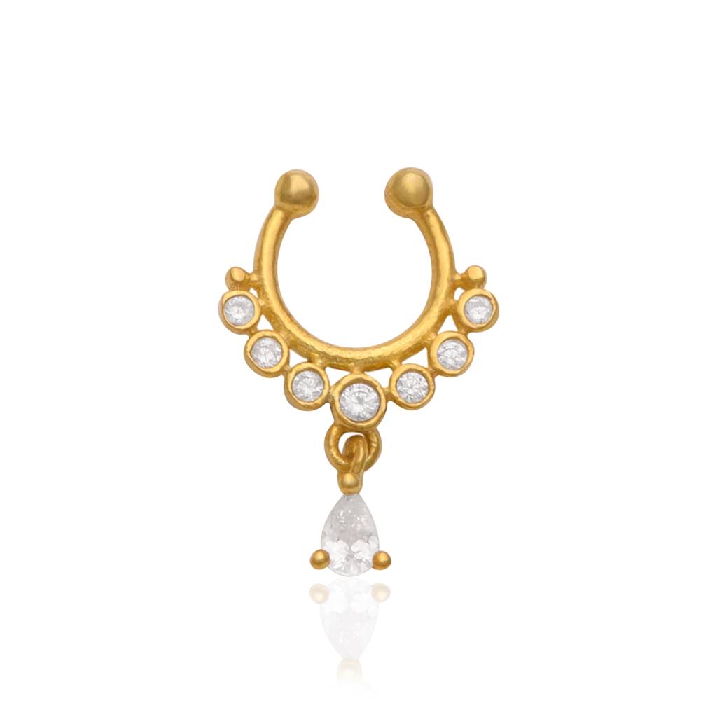 White Cz With Teardrop Dangle Nose Pin 925 Sterling Silver Gold Plated : snp-0041