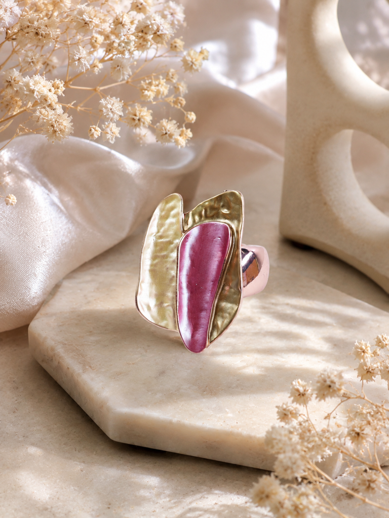 18K Gold Plated Mauve Floral Anti-Tarnish Waterproof Ring : AN-LJ-PI-0031-DR
