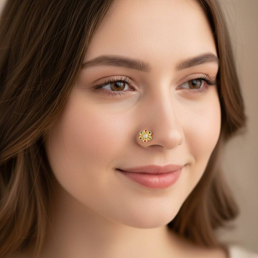 Navratna Floral Colorful Petal Design Nose Pin 925 Sterling Silver Gold Plated : 0015-NP-snp-0065