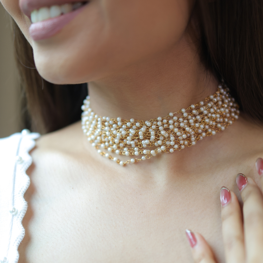 Handcrafted Pearl Choker Necklace For Women Â€“ Elegant Multi-Strand Gold Wire Design : RP-100
