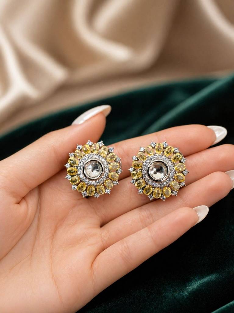 Premium Yellow Oval Diamond Solitaire Fancy Party Stud Earrings For Women : 100029