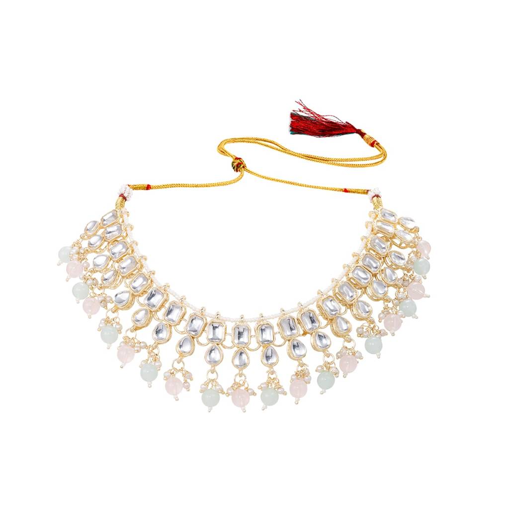 Mint Pink Crystals Studded Necklace Earrings Maangtikka Set For Women | Festive & Bridal Jewellery, Anniver : PF04NK11175PKMNT