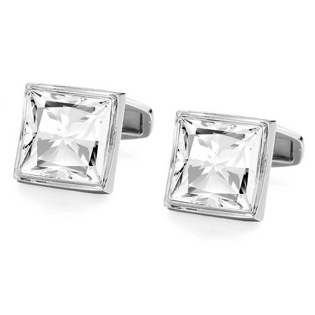 Silver Plated White Crystal Cufflinks Wedding Business Accessories For Men Boys - Valentines Gift For Him : PX9CL23W