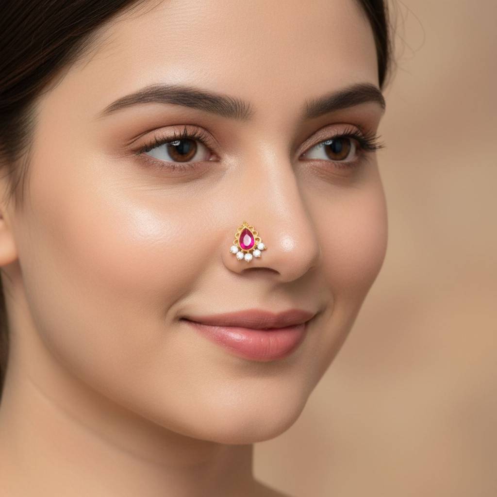 Traditional Halo Ruby Cz Nose Pin 925 Sterling Silver Gold Plated : NP-00312-RDCZ