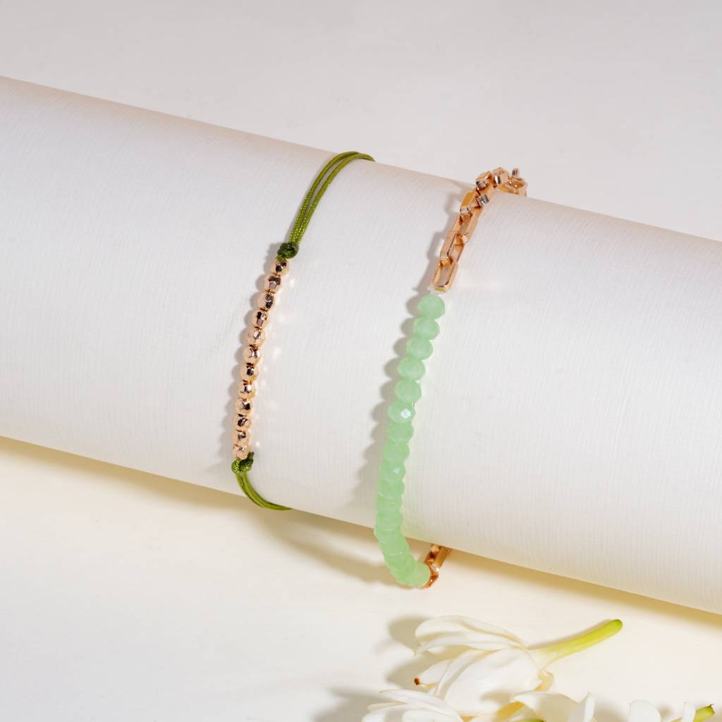 Green Beads Rakhi Bandhan Lumba Rakhi For Bhaiya And Bhabhi : BS14922-1222-G-GR-BB-SL-GR